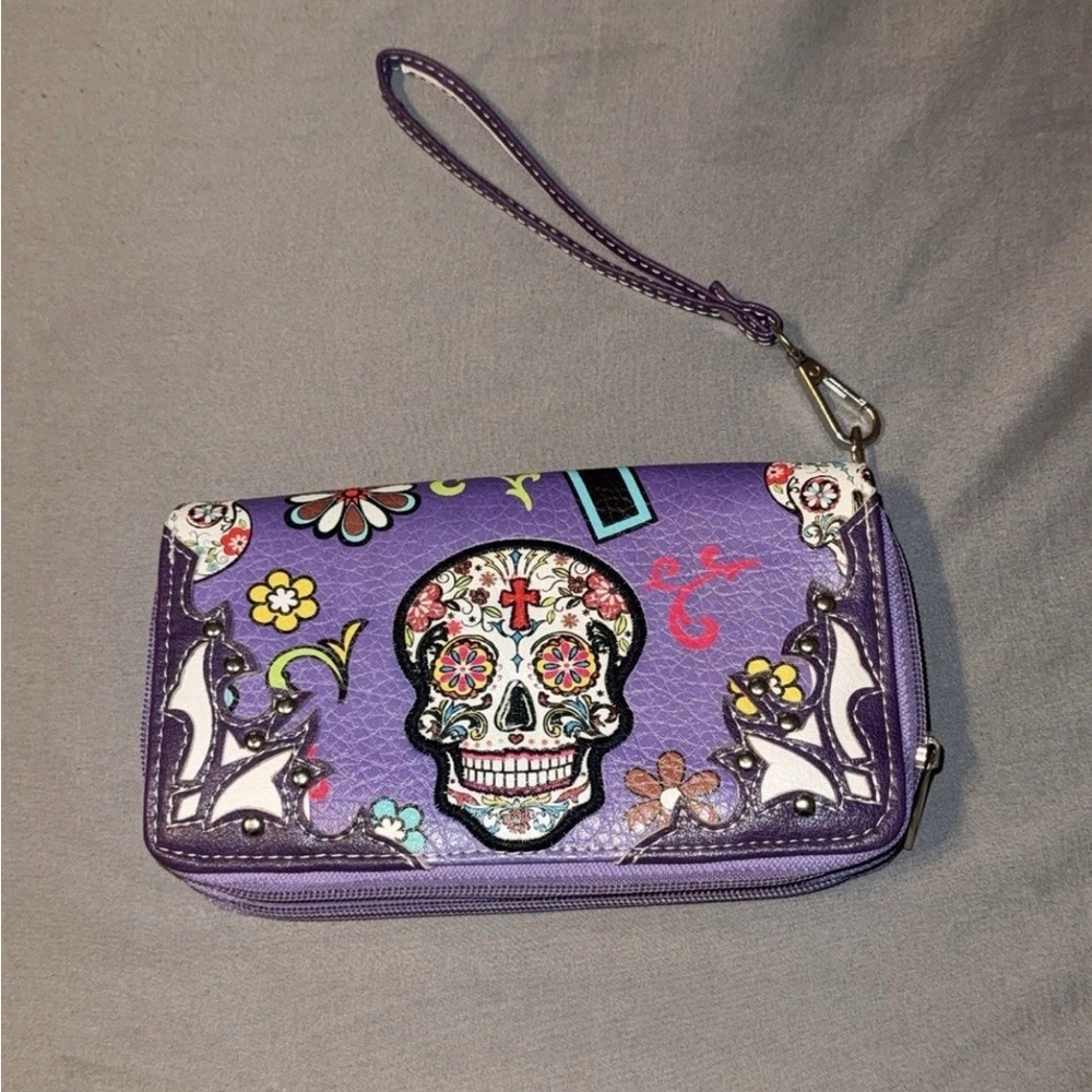 Sugar Skull Day of the Dead Cross Flower Zipper Wristlet Purple Wallet